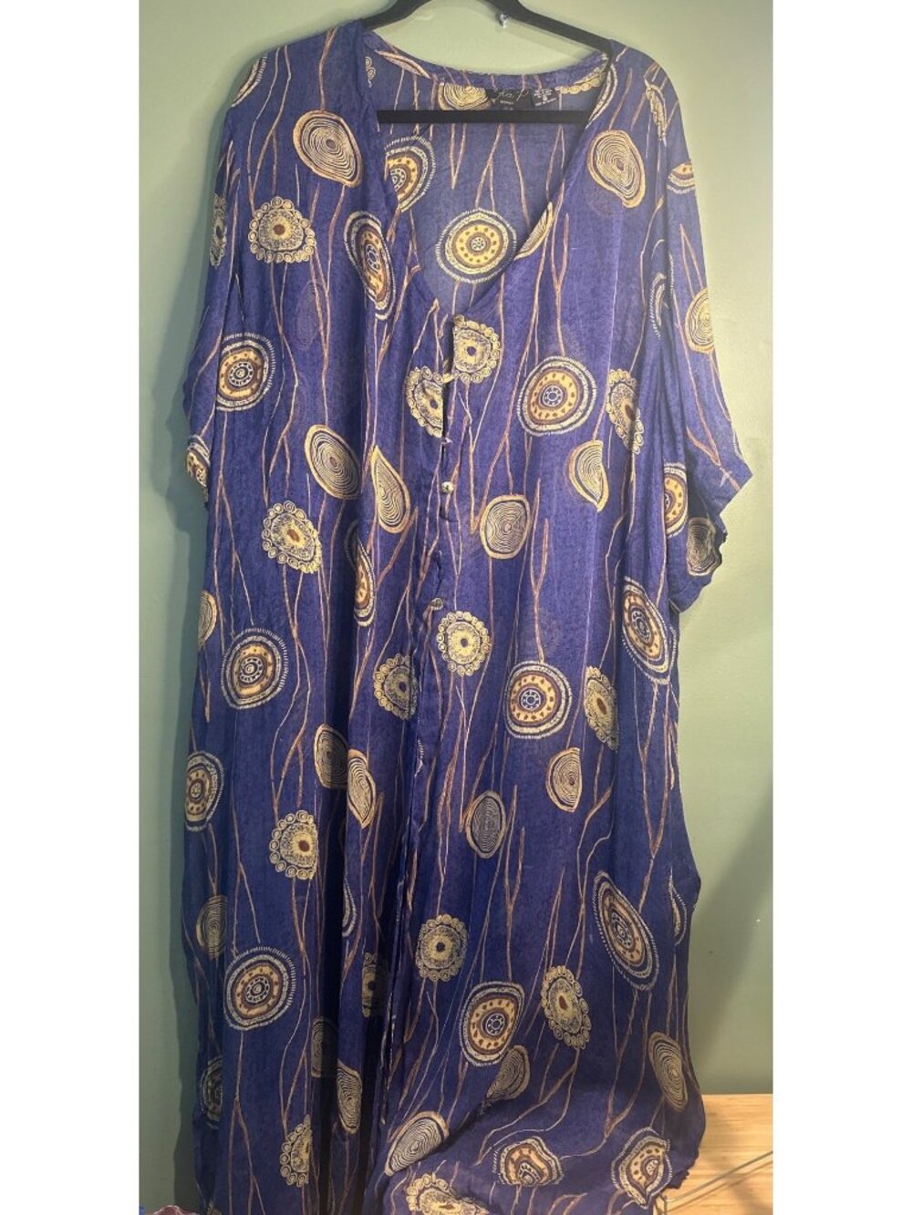 Lola P Woman 2X Blue 100% Rayon Kimono Duster Medallion Boho Maxi coastal resort